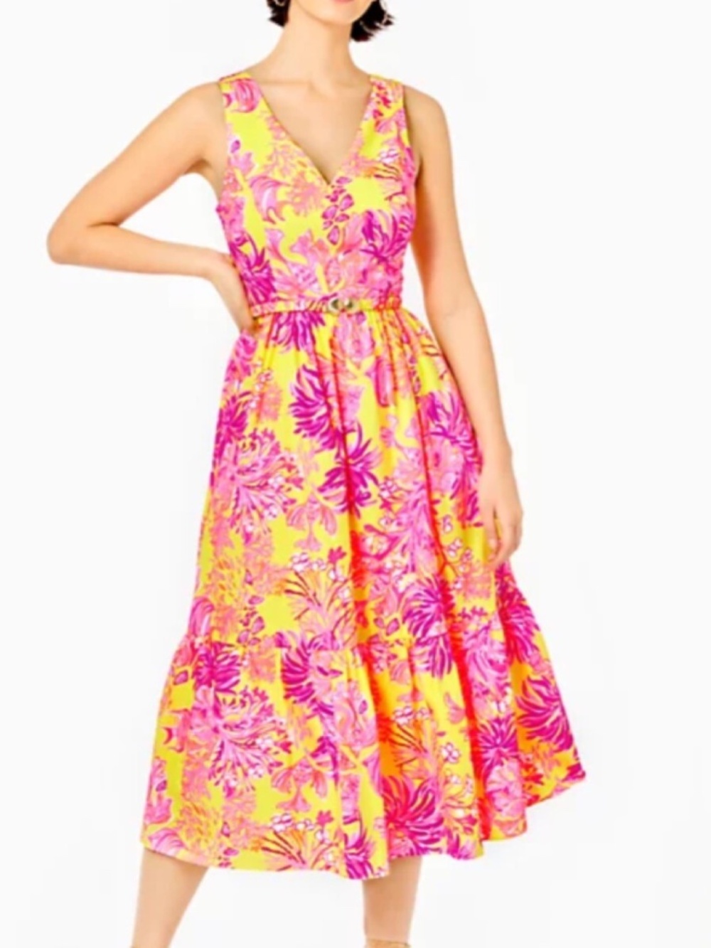 Lilly Pulitzer Bri V-Neck Cotton Dress Calla Yellow Floral Coral - size 4 NWT 🌟